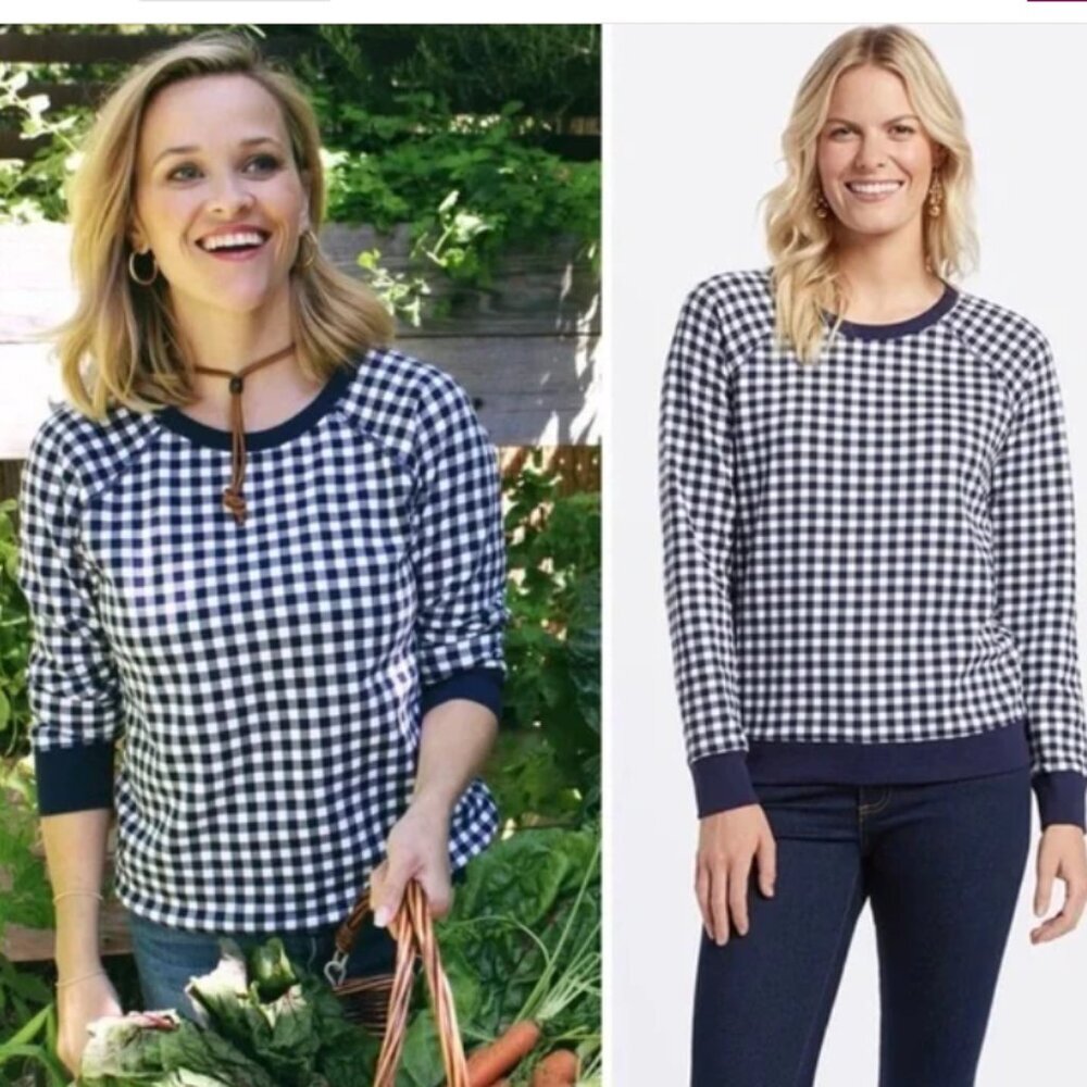 Draper James Natalie Crewneck Sweatshirt in‎ Navy Gingham Size XL Comfy Casual